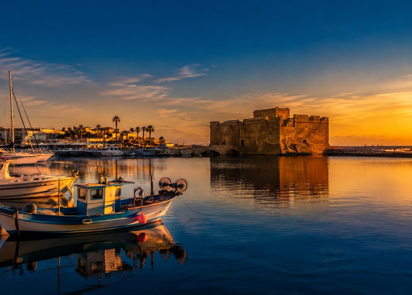 Harbour and castle at sunset in Cyprus